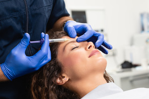 Woman receiving a BOTOX® injection in her forehead